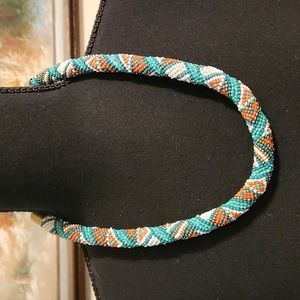 Beautiful, Vibrant Turquoise, Orange and White Beaded Necklace